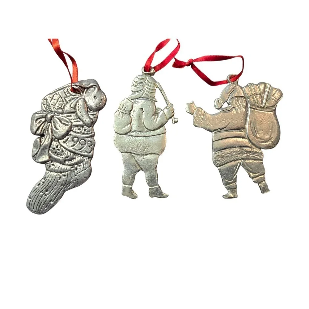 Vintage 1993‎ Pewter Christmas Ornaments Set Santa Claus Stocking Holiday Decor